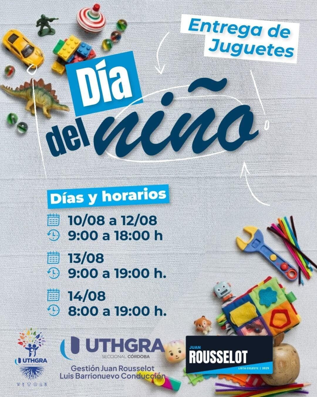 UTHGRA Córdoba entregará juguetes por el Día del Niño 2026